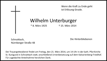 Traueranzeige von Wilhelm Unterburger von Pegnitz-Zeitung